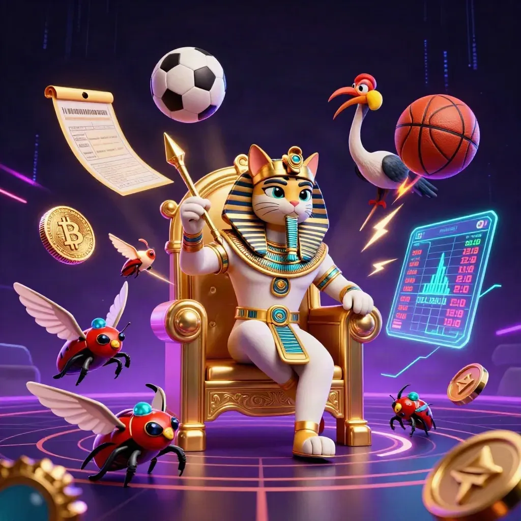 Pharaoh cat throne scene with ibis, scarabs, neon coins, balls, and casino energy.