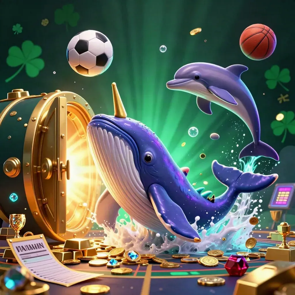 Low-angle neon casino sports scene with whale, narwhal, dolphins, gold vault, balls, bubbles, and light.