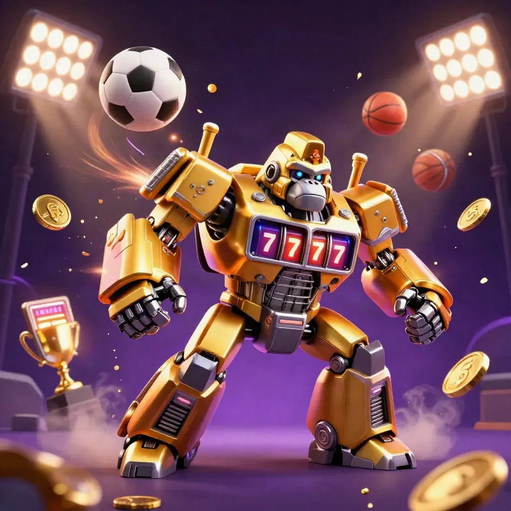 Golden gorilla mech hurls soccer, basketball, and tennis balls through purple casino light.
