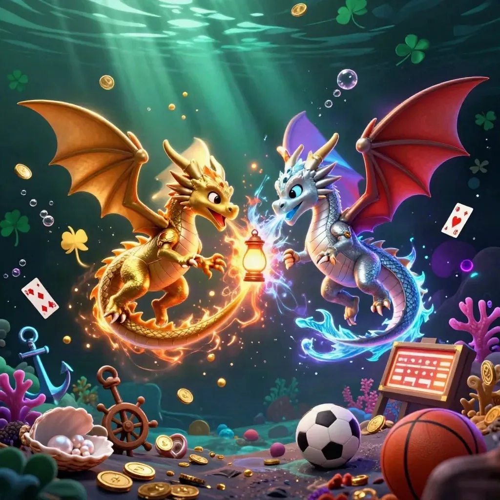 Gold and silver dragons spiral in a neon underwater treasure cove with coins, cards, and glowing bubbles.
