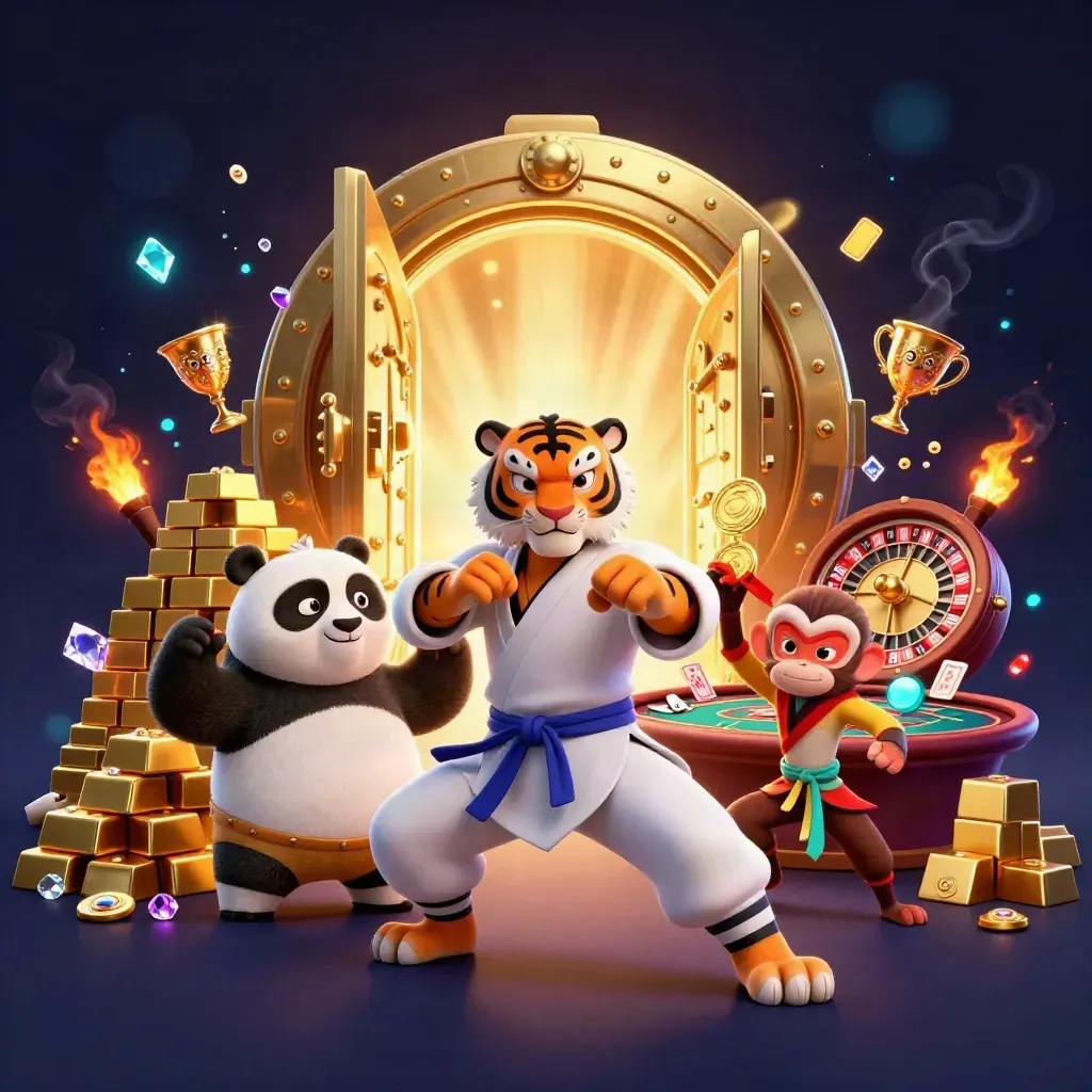 Kung-fu tiger, panda, and monkey amid vault gold, gems, and casino lights