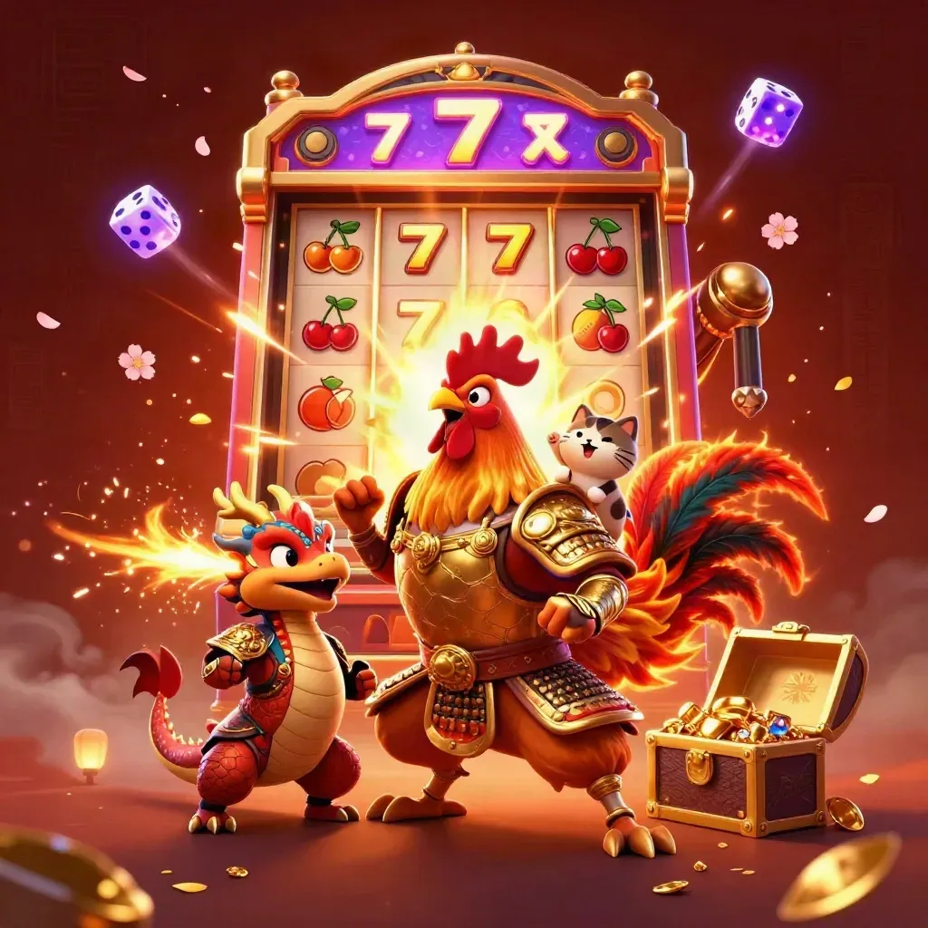 Rooster samurai, spark-breathing hatchling and fortune-cat amid exploding jackpot loot and neon smoke