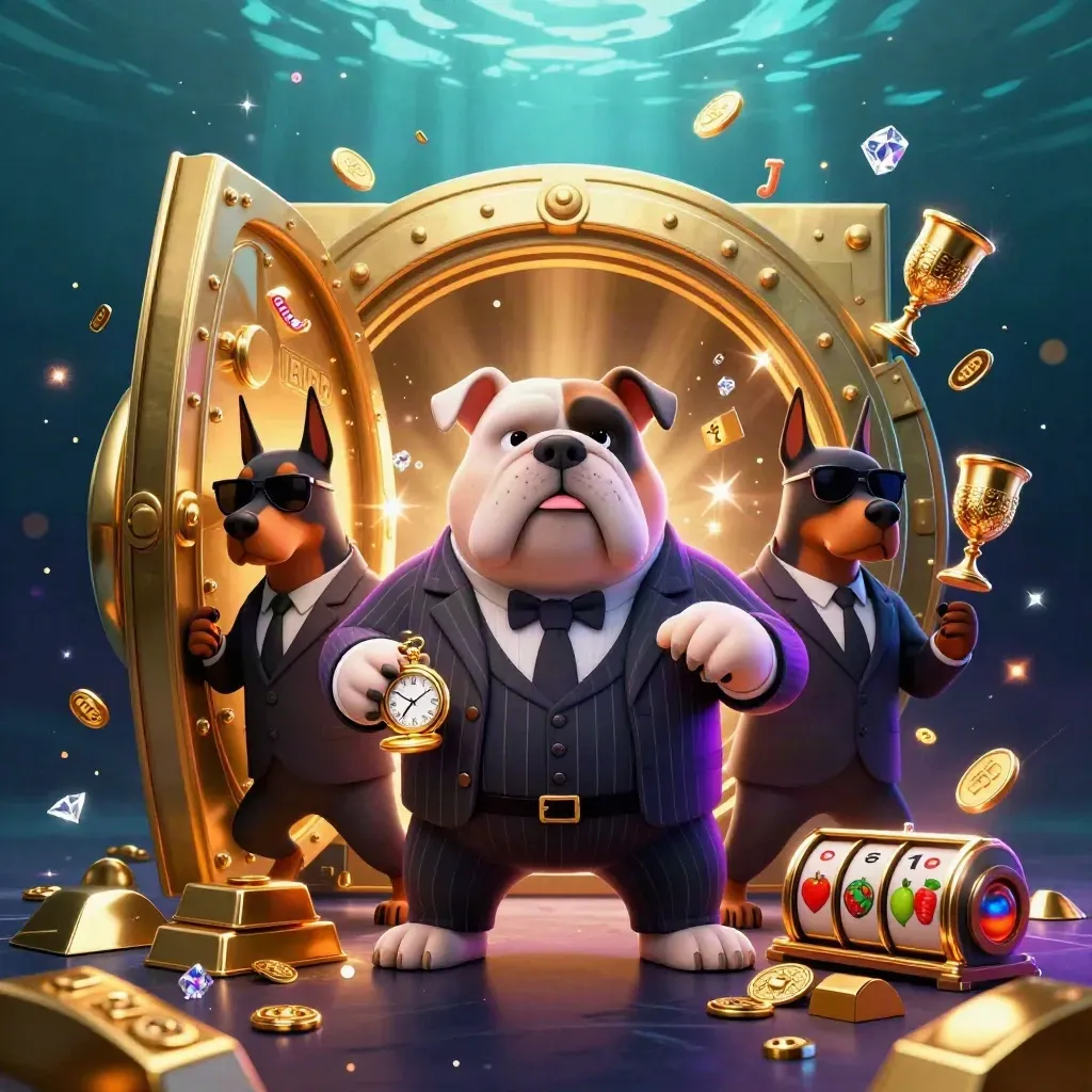Bulldog mob boss with Doberman guards bursting from a golden vault amid jackpot treasure