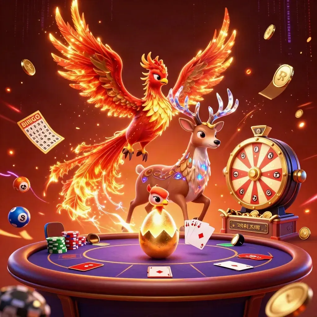 Phoenixes and a crystal stag burst from gold coins with poker chips and jackpot effects