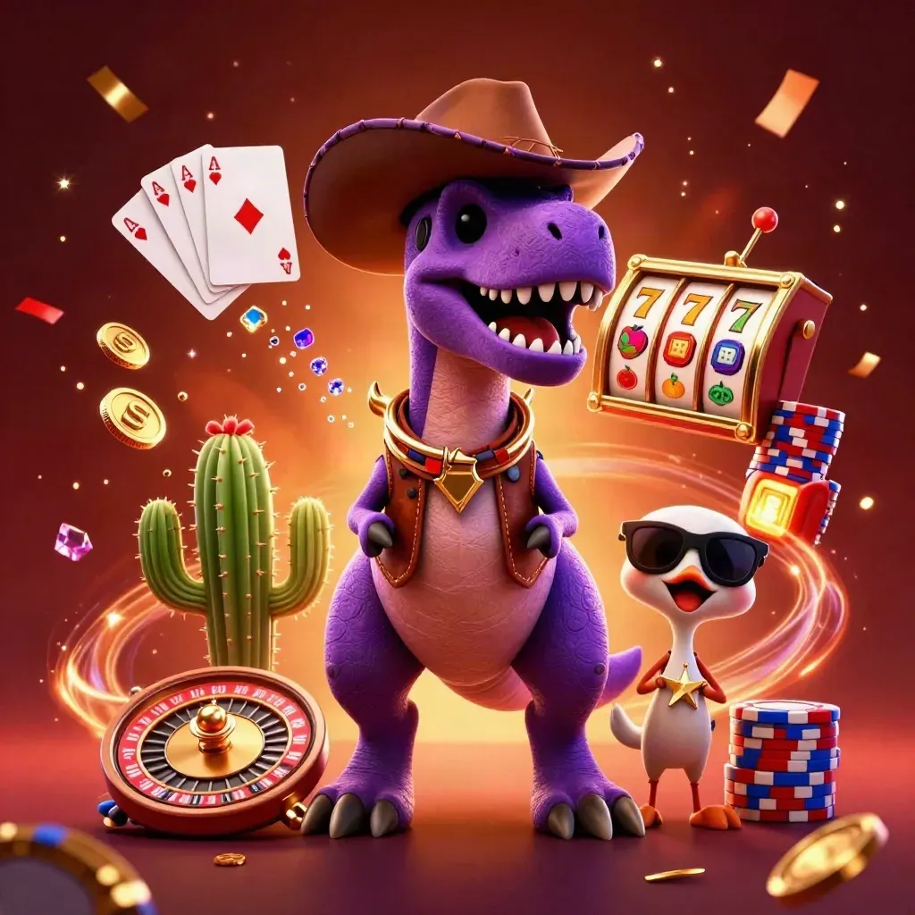 Cowboy T-Rex poker trio exploding with chips, coins, cards, roulette, and neon casino energy.