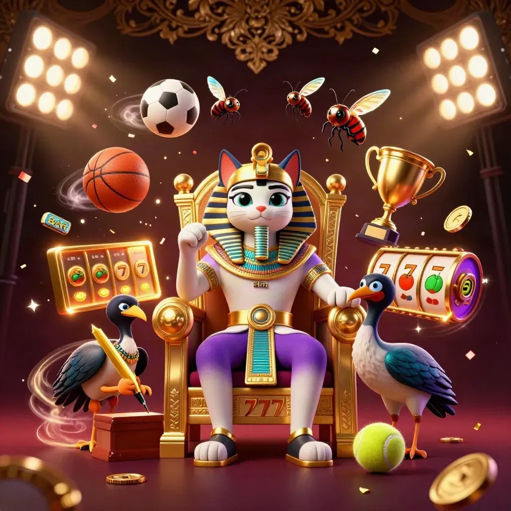 Pharaoh cat and ibis on a golden throne amid flying sports balls, scarabs, coins, and casino lights